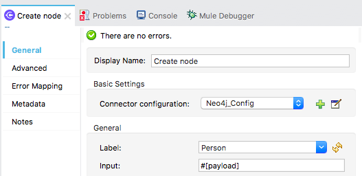 Create node のプロパティ設定ウィンドウ