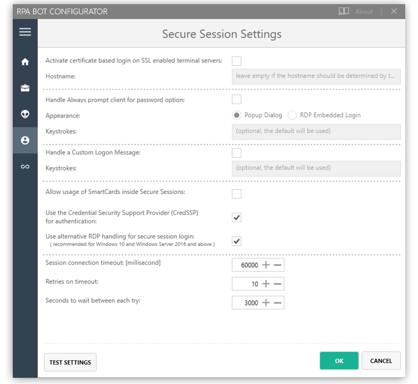 「Secure Session (セキュアセッション)」 設定パネルが表示されている RPA Bot コンフィグレーターアプリケーション