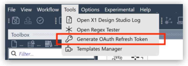 「Tools (ツール)」 メニューの 「Generate OAuth Refresh Token (OAuth 更新トークンを生成)」 オプション