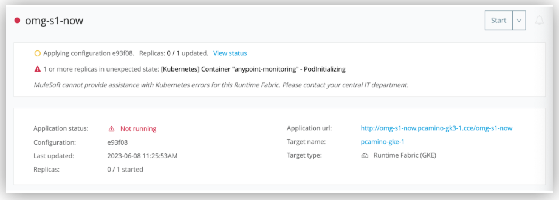 Runtime Manager UI の PodInitializing の警告状況