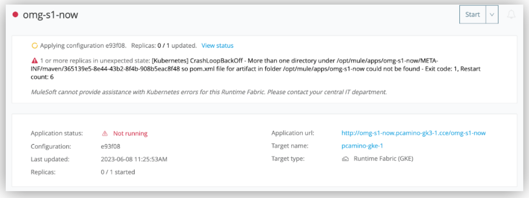 Runtime Manager UI での CrashLoopBackOff の警告状況