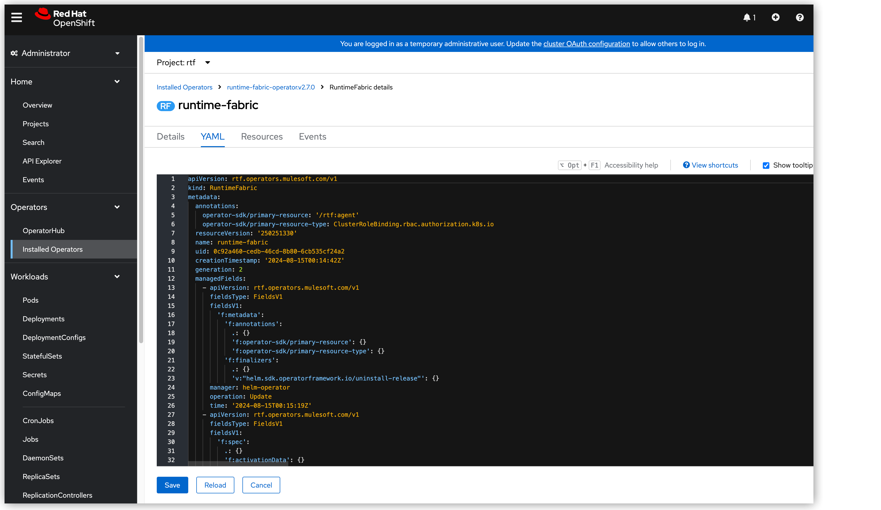 Runtime Fabric インスタンスの .yaml ファイル。