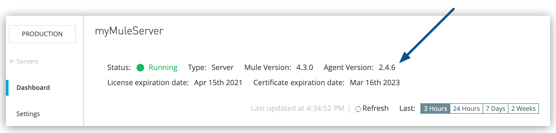 サーバーの [Dashboard (ダッシュボード)] ページに表示された Runtime Manager エージェントバージョン