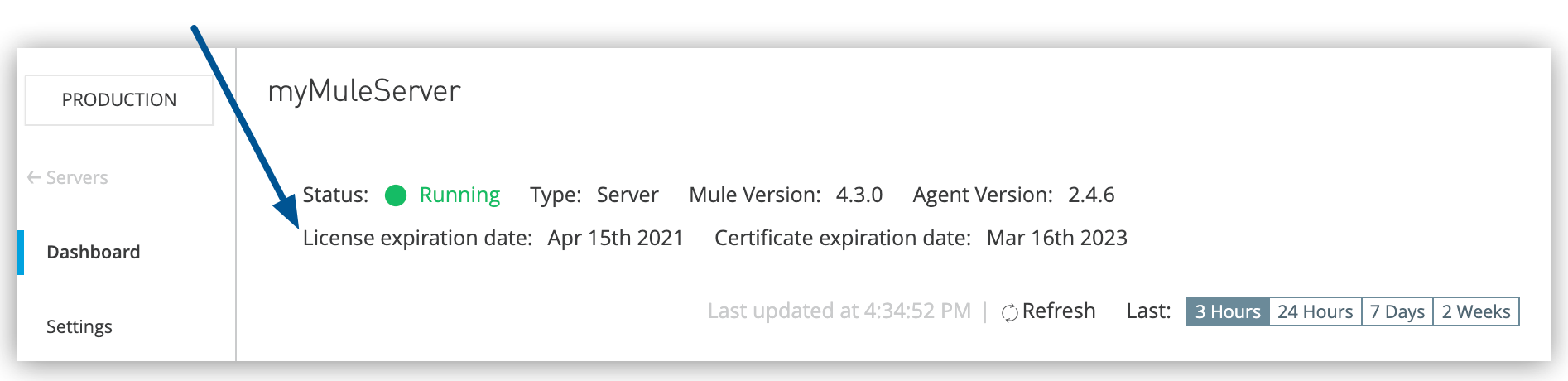 「Dashboard (ダッシュボード)」 ページに表示された有効期限