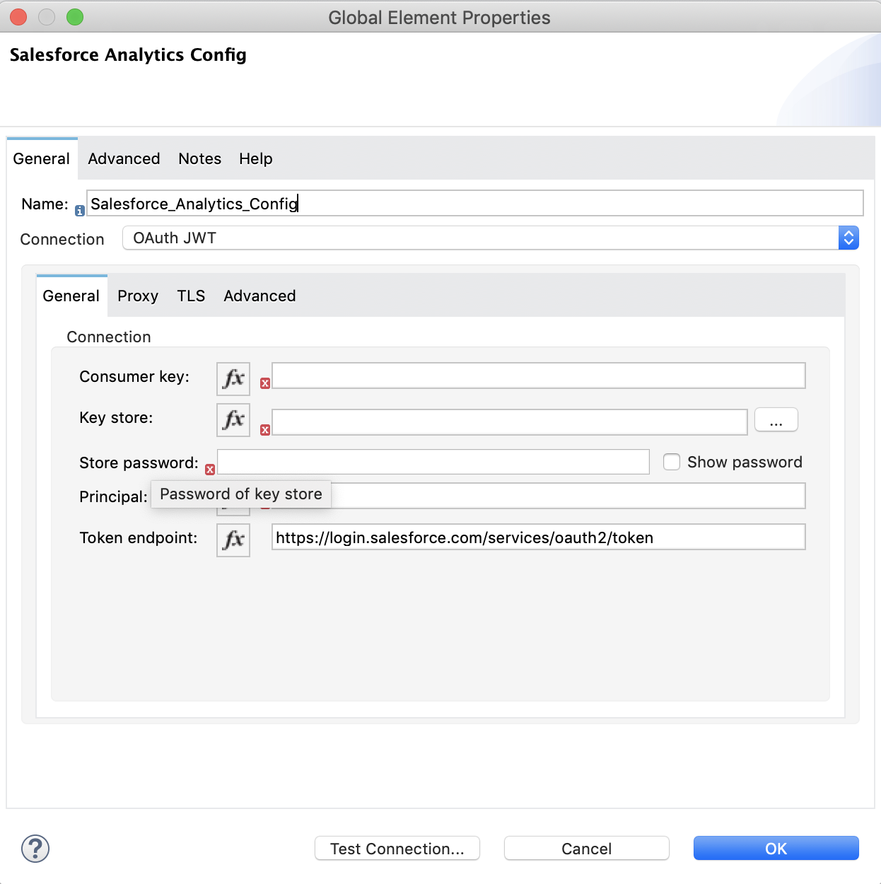 認証を設定するには、*[Connection (接続)]* 項目で [OAuth 2.0 JWT] を選択し、*[General (一般)]* タブの項目に入力します。