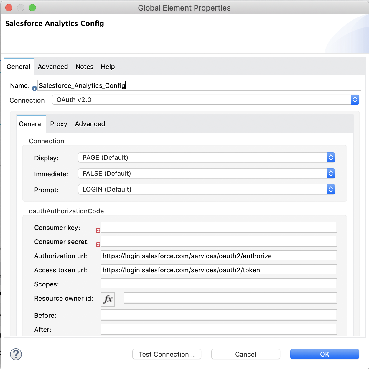 認証を設定するには、*[Connection (接続)]* 項目で [OAuth 2.0] を選択し、*[General (一般)]* タブの項目に入力します。