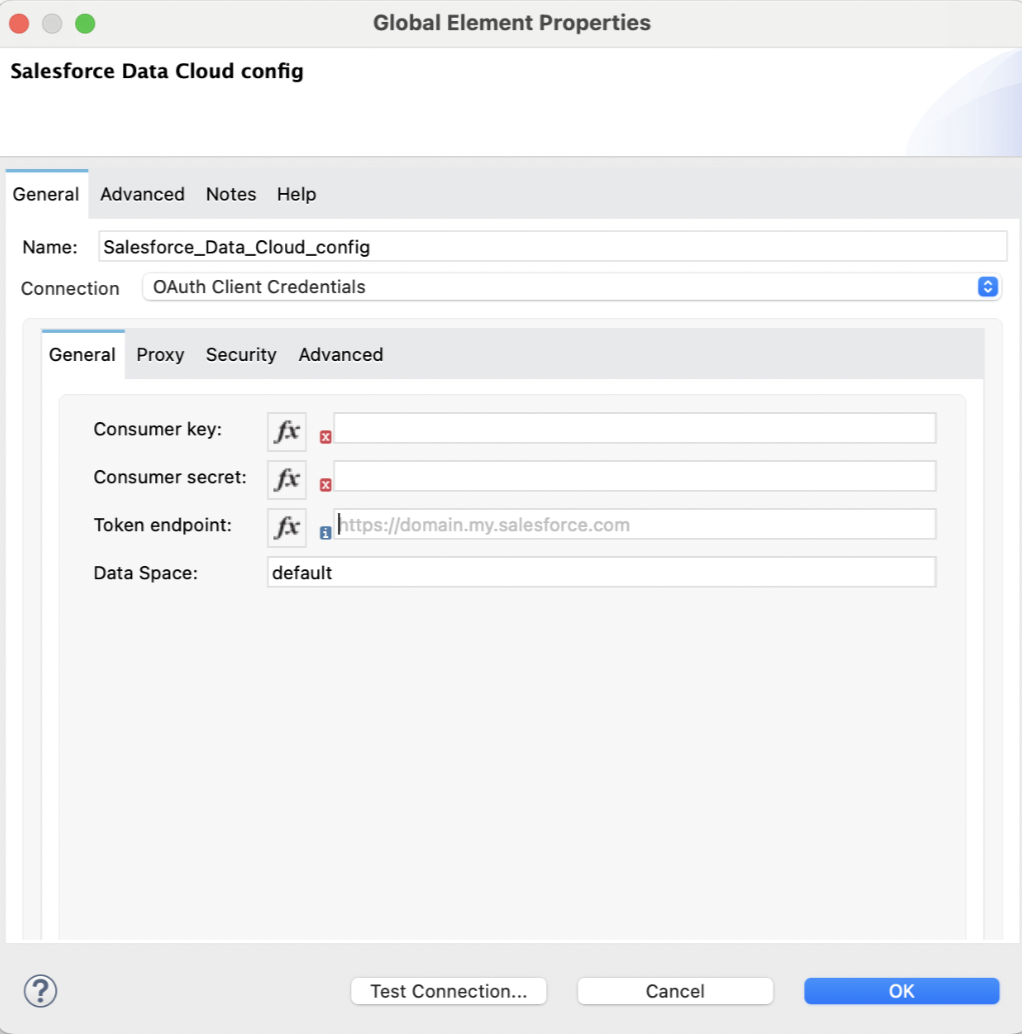 [Connection (接続)] 項目で [OAuth Client Credentials (OAuth クライアントログイン情報)] が選択され、[General (一般)] タブで認証項目が入力されている