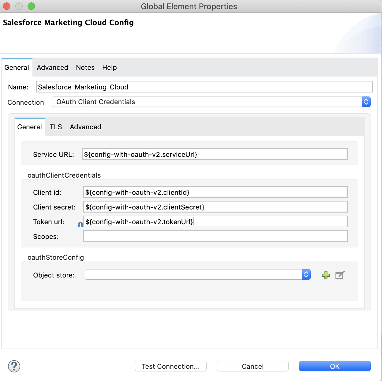 OAuth クライアントログイン情報の [Global Element Properties (グローバル要素プロパティ)] ウィンドウ