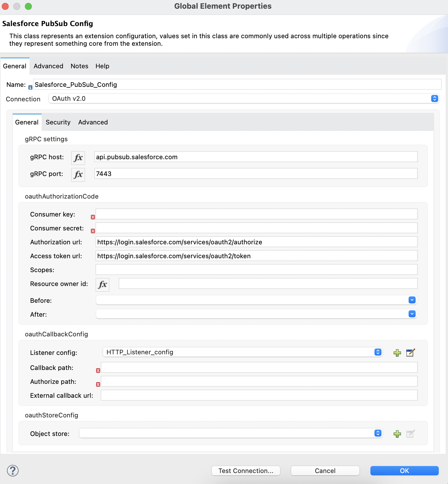[Connection (接続)] セクションでは [OAuth v2.0] が選択され、[General (一般)] タブでは認証項目が入力されている