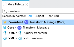 [Mule Palette (Mule パレット)] ビュー内で選択されている [Transform Message (Core)] コンポーネント