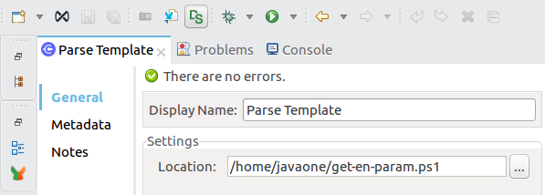 プロパティウィンドウ内の [Parse Template (テンプレートの解析)] 設定値