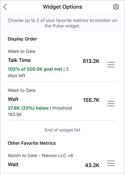 Widget-Optionen, die die Metriken für Gesprächszeit und Wartezeit im Anzeigeabschnitt anzeigen