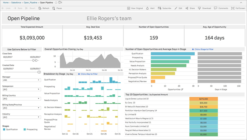 Ein Dashboard mit Diagrammen und Filtern, in dem die offene Vertriebspipeline für ein Team dargestellt wird.