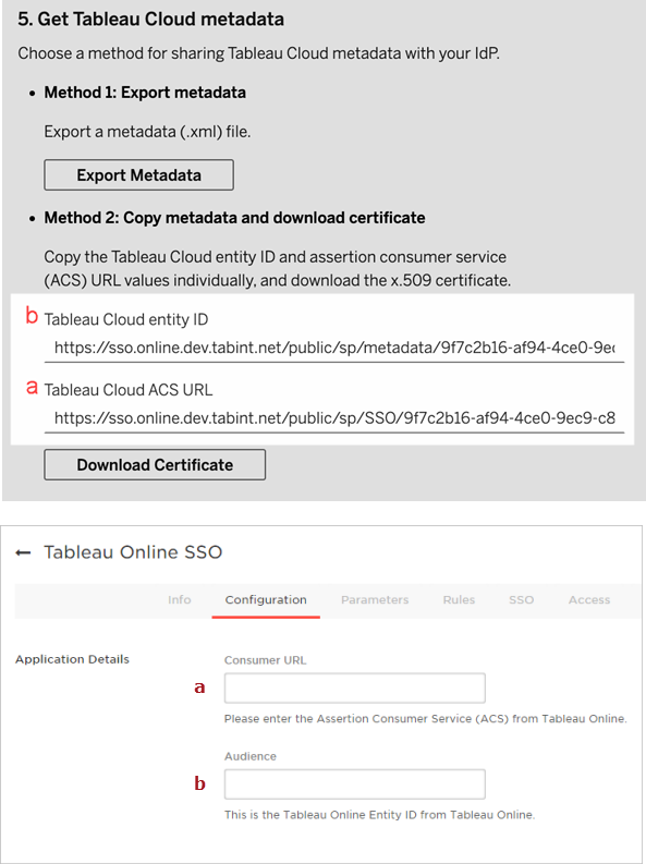 Screenshot der neuen Konfigurationsseite von Tableau Cloud SAML – Schritt 5. Exportieren von Metadaten aus Tableau Cloud