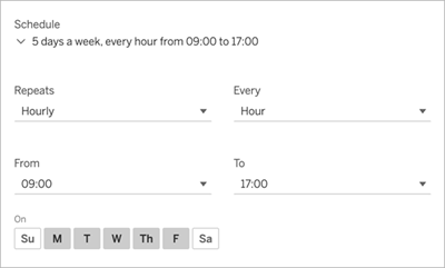 Ein Zeitplaner, der so konfiguriert ist, dass er sich von Montag bis Freitag von 9:00 bis 17:00 Uhr stündlich wiederholt.