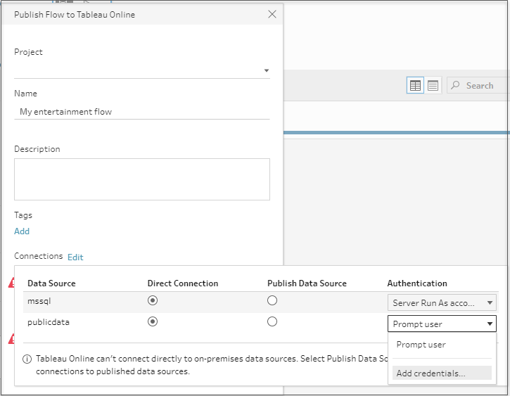 Das Dialogfeld „Schema in Tableau Online veröffentlichen“ zeigt das Dialogfeld „Verbindungen“ mit der Option „Anmeldeinformationen hinzufügen“.
