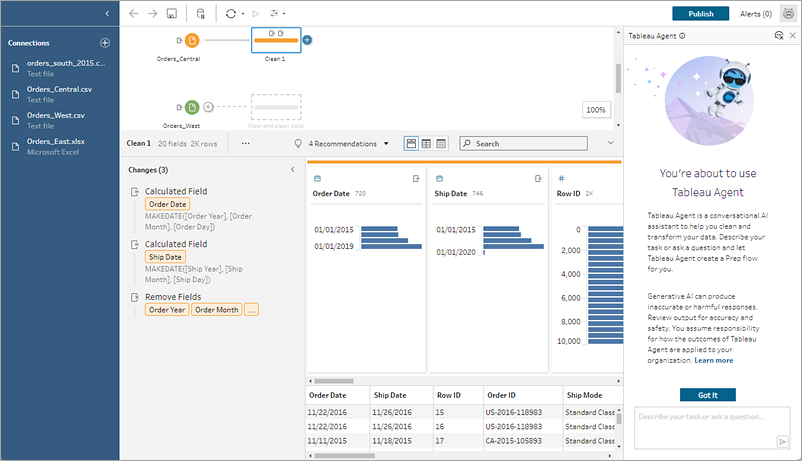 Tableau Prep-Schemaseite mit dem Tableau Agent-Bereich und einer Willkommensnachricht.
