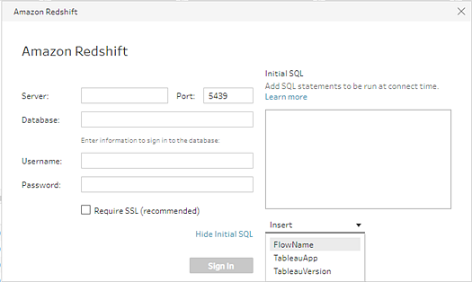 Ein Formular zur Verbindung mit Amazon Redshift.