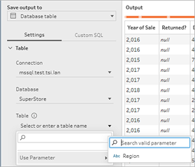 Der Dialog „Ausgabe speichern unter“ ist auf „Datenbanktabelle“ eingestellt. Die Option „Tabelle“ ist geöffnet und „Parameter verwenden“ ist ausgewählt.