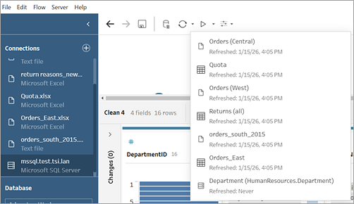 In Tableau Prep werden die Liste der Datenquellen, die sich im Schema befinden, und der Zeitpunkt ihrer letzten Aktualisierung angezeigt.