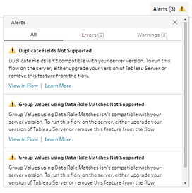 Drei Versionskompatibilitätswarnungen in Tableau Prep.