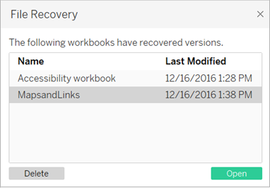 Im Dialogfeld „Dateiwiederherstellung“ werden die wiederherstellbaren Versionen der Dateien „Accessibility workbook“ und „MapsandLinks“ sowie das Datum der letzten Änderung und eine Option zum Löschen oder Öffnen angezeigt.