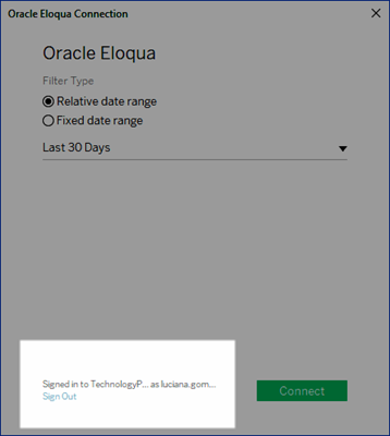 Ein Fenster mit Optionen zum Herstellen einer Verbindung mit Oracle Eloqua.