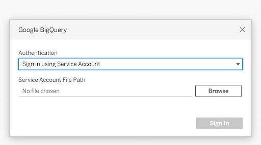 Google BigQuery-Authentifizierungsfenster mit der Option "Mit Servicekonto anmelden" im Dropdown-Menü "Authentifizierung".