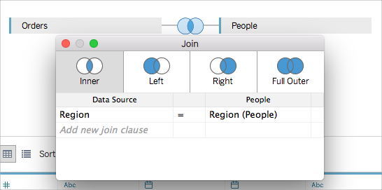 Das Dialogfeld „Verbinden“ mit Verbindungsoptionen ermöglicht es Benutzern, festzulegen, wie Tabellen verknüpft werden.