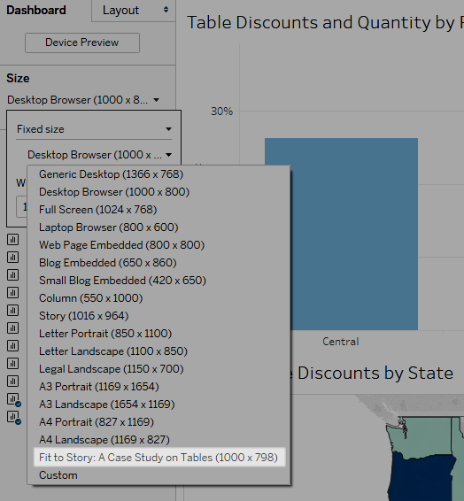 Ein Dropdown-Menü, das feste Größen für die Anzeige Ihres Dashboards auflistet.