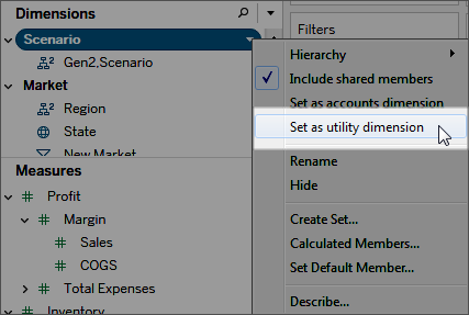 Ein Dropdown-Menü mit der ausgewählten Option „Als Nutzendimension festlegen“.
