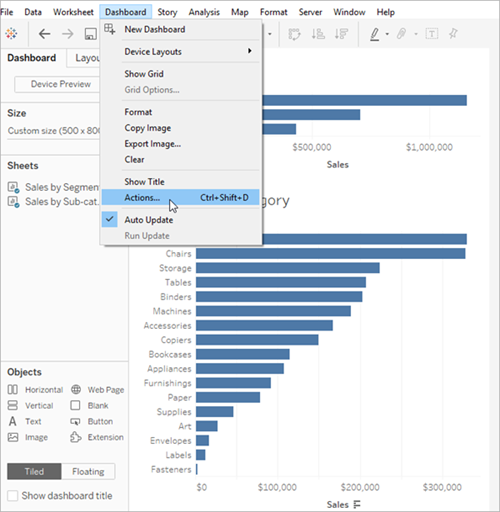 Öffnen Sie das Dialogfeld Aktionen im Menü Dashboards.