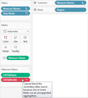 Quickinfo über einem Kennwert in einer Visualisierung mit einer Fehlermeldung im Zusammenhang mit der Datenverschmelzung, die darauf hinweist, dass Sie die sekundäre Datenquelle nicht verschmelzen können, da ein oder mehrere Felder eine nicht unterstützte Aggregation verwenden.