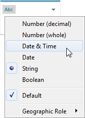 In einem Dropdown-Menü werden die Datentypen für ein Feld angezeigt, wobei die Option für Datum und Uhrzeit hervorgehoben ist.