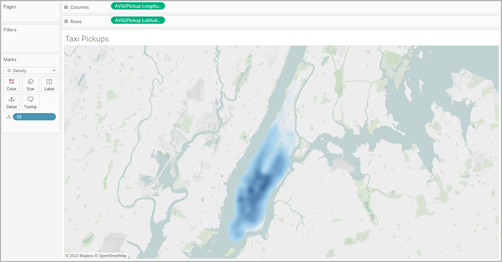 Blaue Dichtekarte von Taxifahrten in Manhattan.