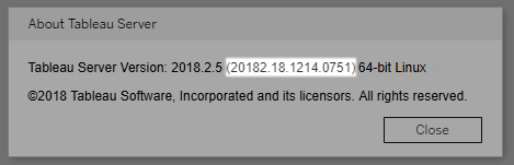 Dialogfeld mit Versionsinformationen zu Tableau Server mit hervorgehobener Version.