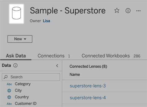 Superstore-Dashboard mit hervorgehobenem Datenquellensymbol.