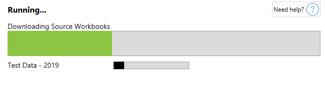 Ein Fortschrittsbalken, der den Download der Quellarbeitsmappen und Testdaten für 2019 anzeigt.