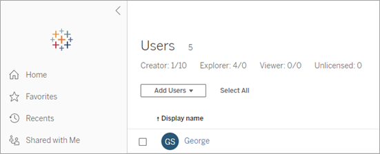 Option zum Hinzufügen von Benutzern in Tableau Cloud.