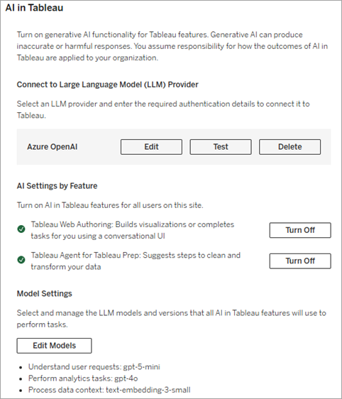 Site-Einstellung von KI in Tableau für Tableau Server und Azure OpenAI.