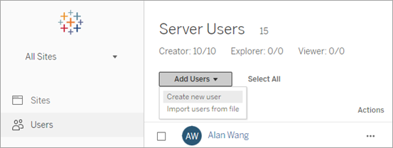 Option zum Hinzufügen von Benutzern in Tableau Server.