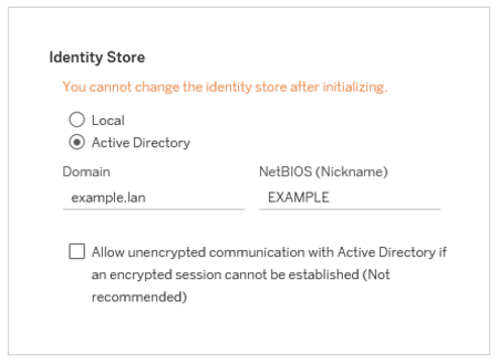 Fenster „Identitätsspeicher“ mit ausgewähltem Active Directory und einer Meldung, die warnt, dass Sie den Identitätsspeicher nach der Initialisierung nicht mehr ändern können.
