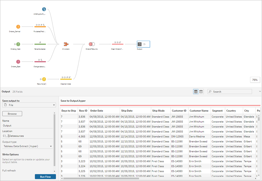 Tableau Prep button to Run Flow.