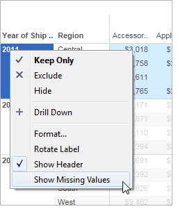 Context menu for an axis with options to keep only, exclude, hide, drill down, format, rotate label, show header and show missing values.