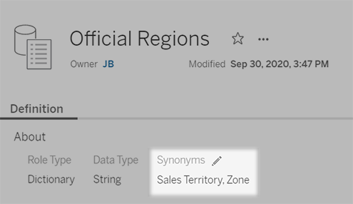The synonyms UI with an edit icon.