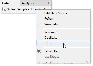 The Close menu option on the Edit Data Source dropdown menu.