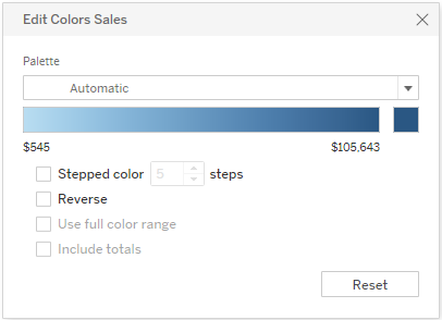 Edit Colours for the Sales measure window with an Automatic colour palette selected.