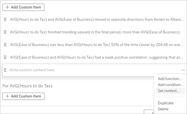 Edit story dialog box where one story sentence is selected so the menu is open. The “Set context” option is highlighted.