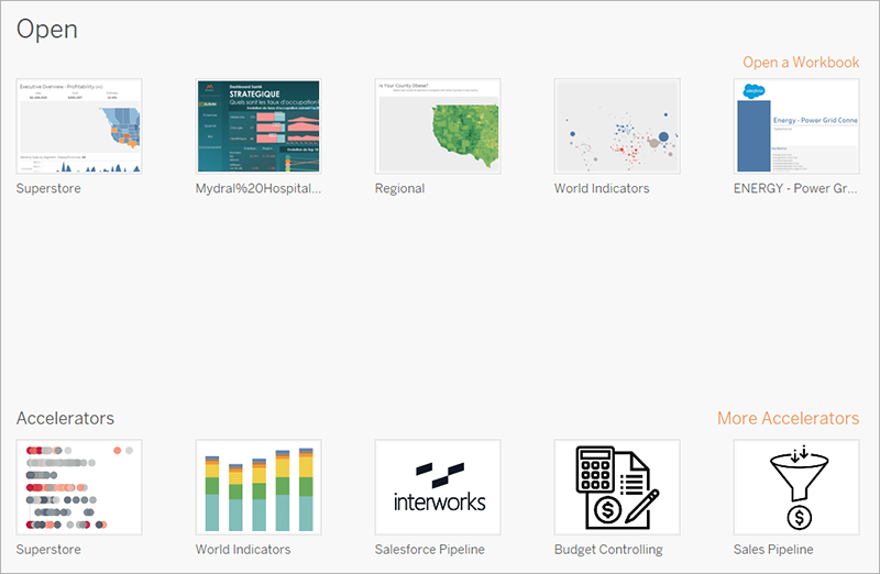Open pane on the Tableau start page.