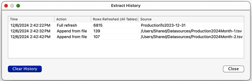 Extract history table with options to clear history or close table.